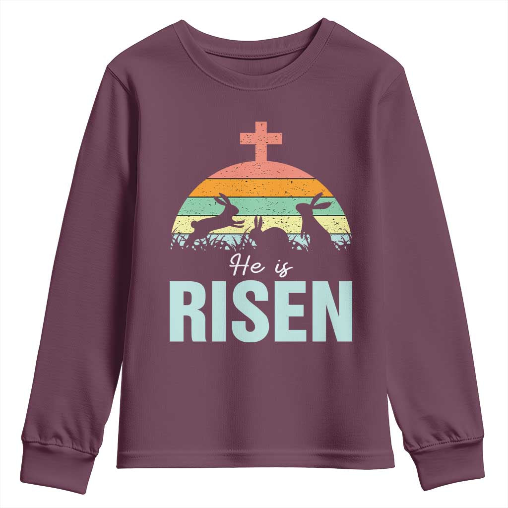 Retro He is Risen Youth Sweatshirt Bunny Easter Cross Christian Religious Jesus Has Risen - Wonder Print Shop