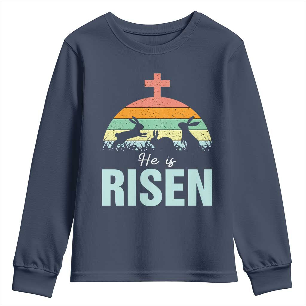 Retro He is Risen Youth Sweatshirt Bunny Easter Cross Christian Religious Jesus Has Risen - Wonder Print Shop
