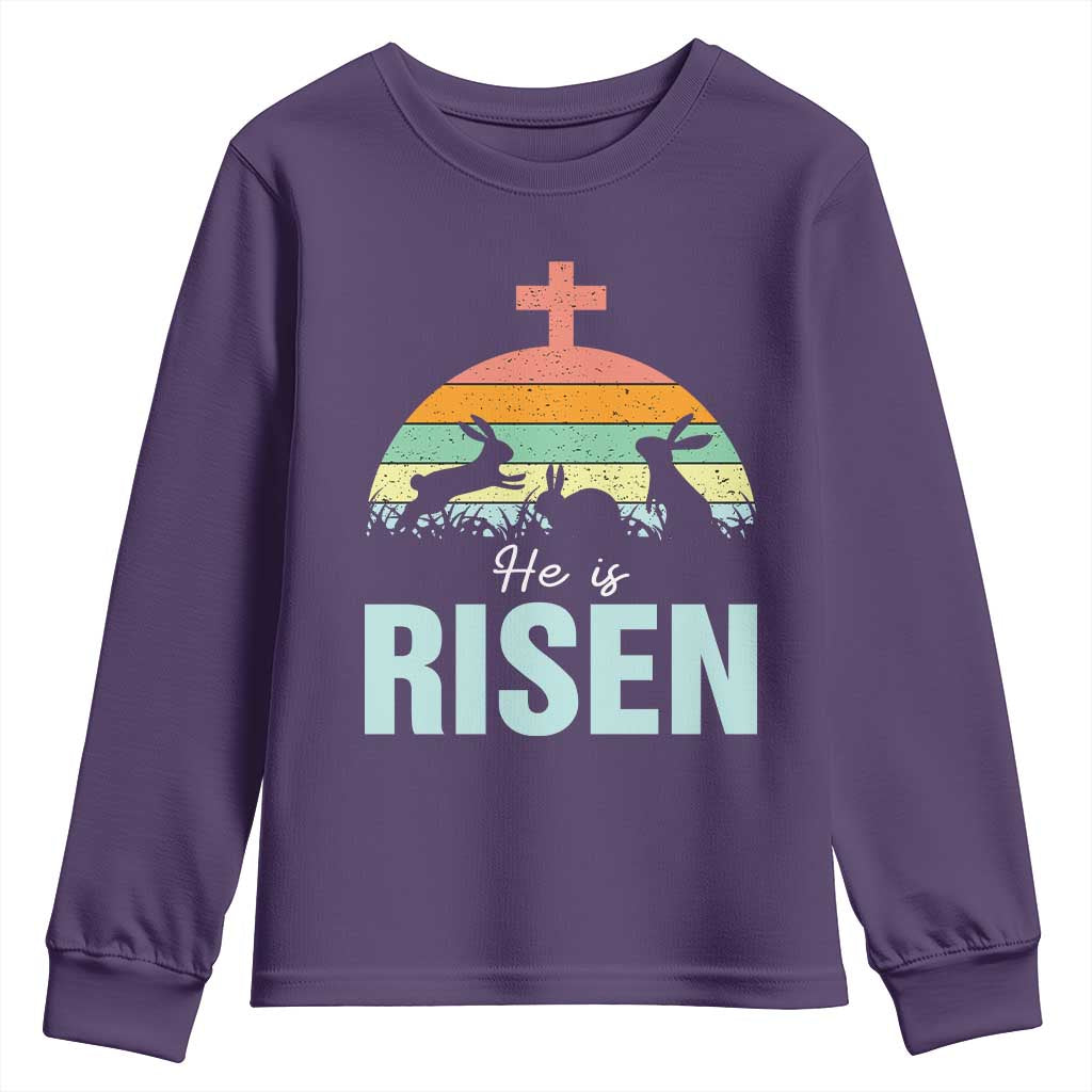 Retro He is Risen Youth Sweatshirt Bunny Easter Cross Christian Religious Jesus Has Risen - Wonder Print Shop