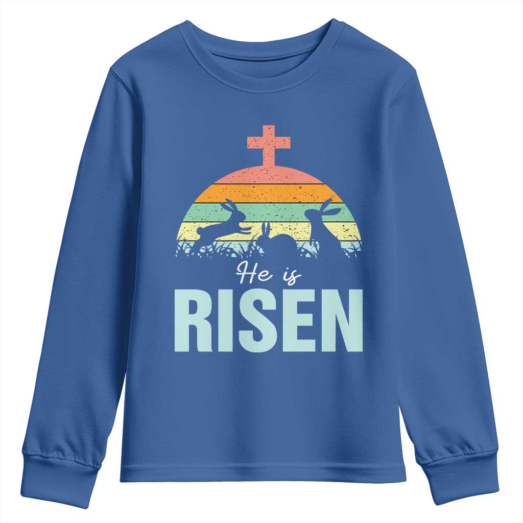 Retro He is Risen Youth Sweatshirt Bunny Easter Cross Christian Religious Jesus Has Risen - Wonder Print Shop
