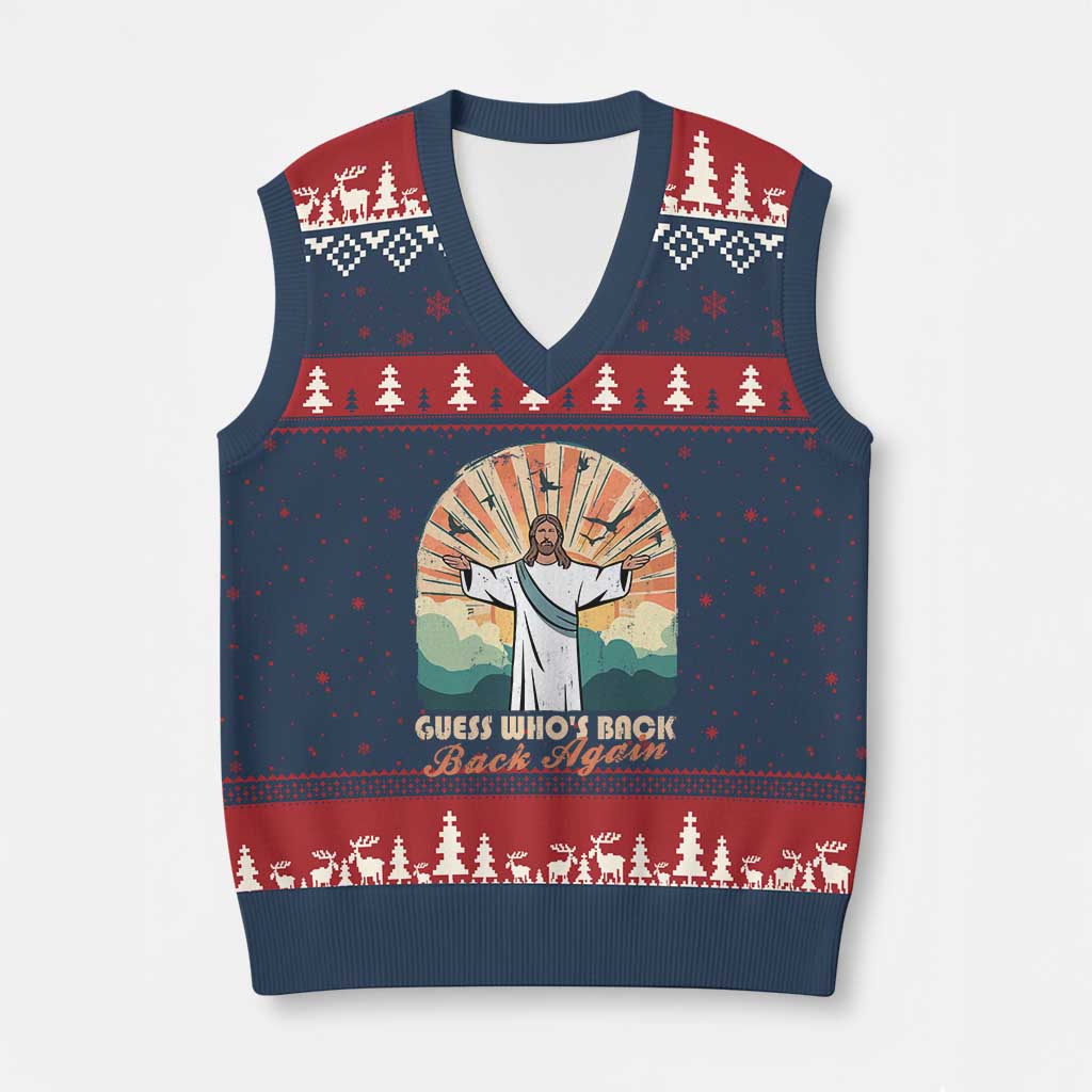 Funny Christian Easter V-Neck Knit Sweater Vest Guess Whos Back Jesus Religious - Wonder Print Shop