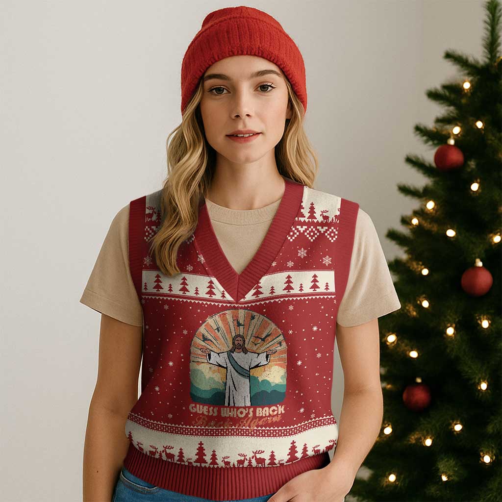 Funny Christian Easter V-Neck Knit Sweater Vest Guess Whos Back Jesus Religious - Wonder Print Shop