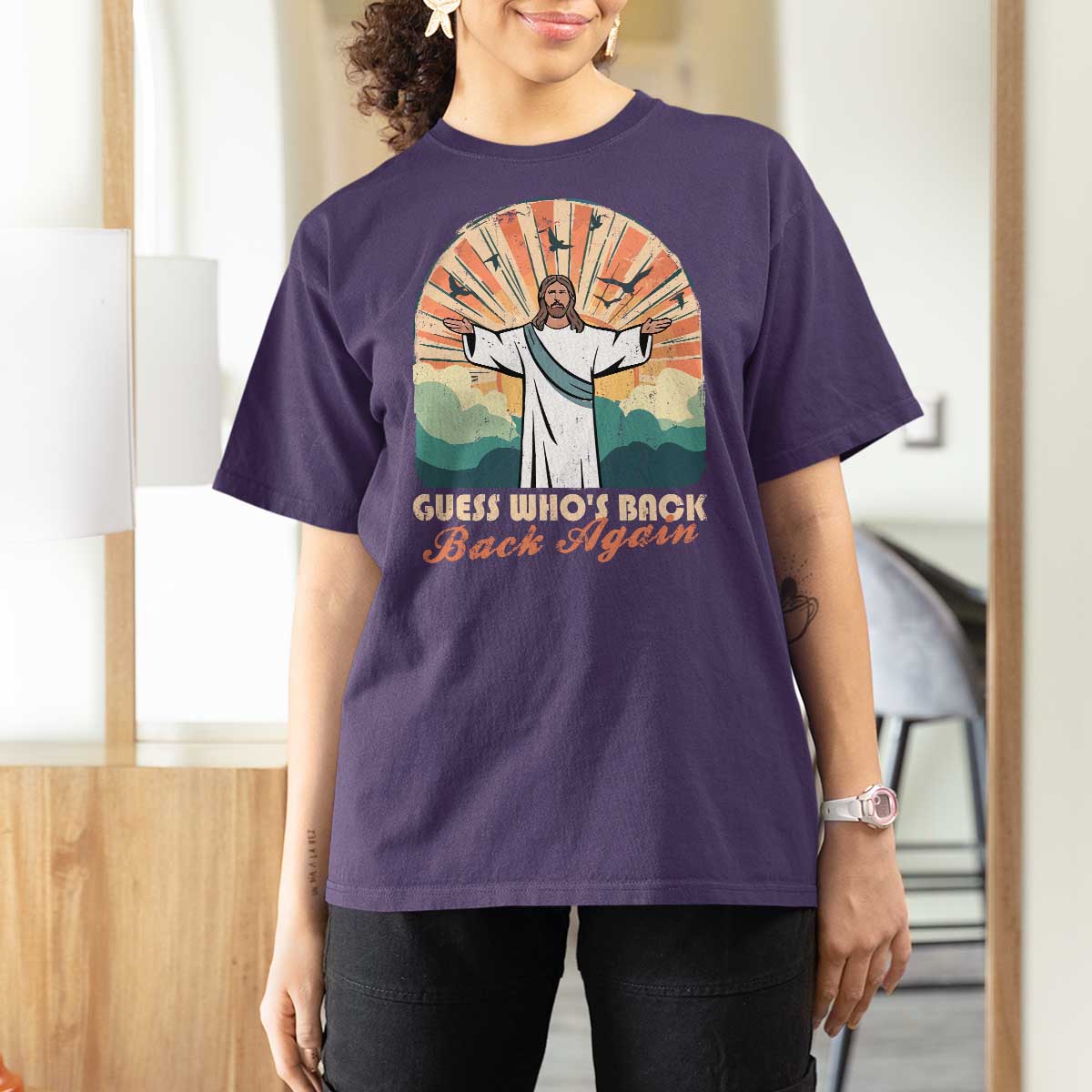 Funny Christian Easter T Shirt For Women Guess Whos Back Jesus Religious - Wonder Print Shop