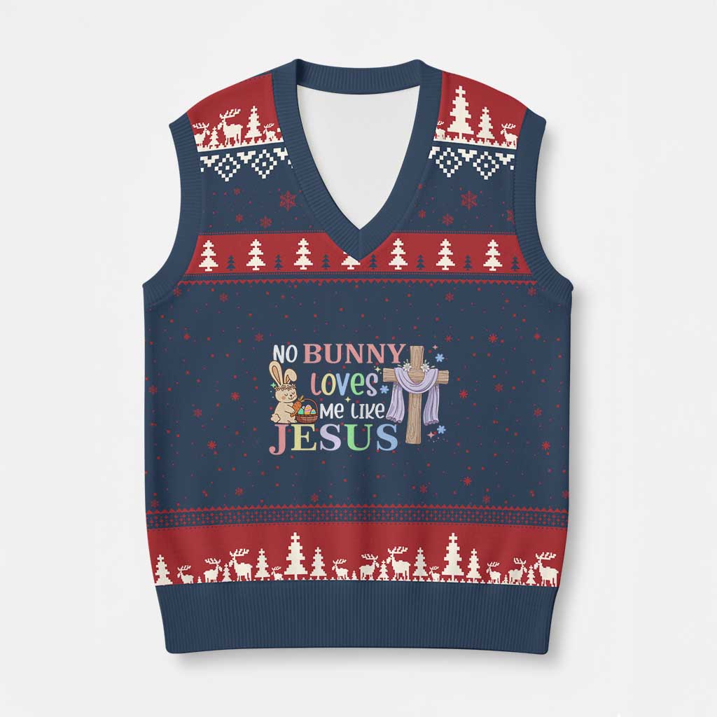 Funny Christian Easter V-Neck Knit Sweater Vest No Bunny Loves Me Like Jesus - Wonder Print Shop