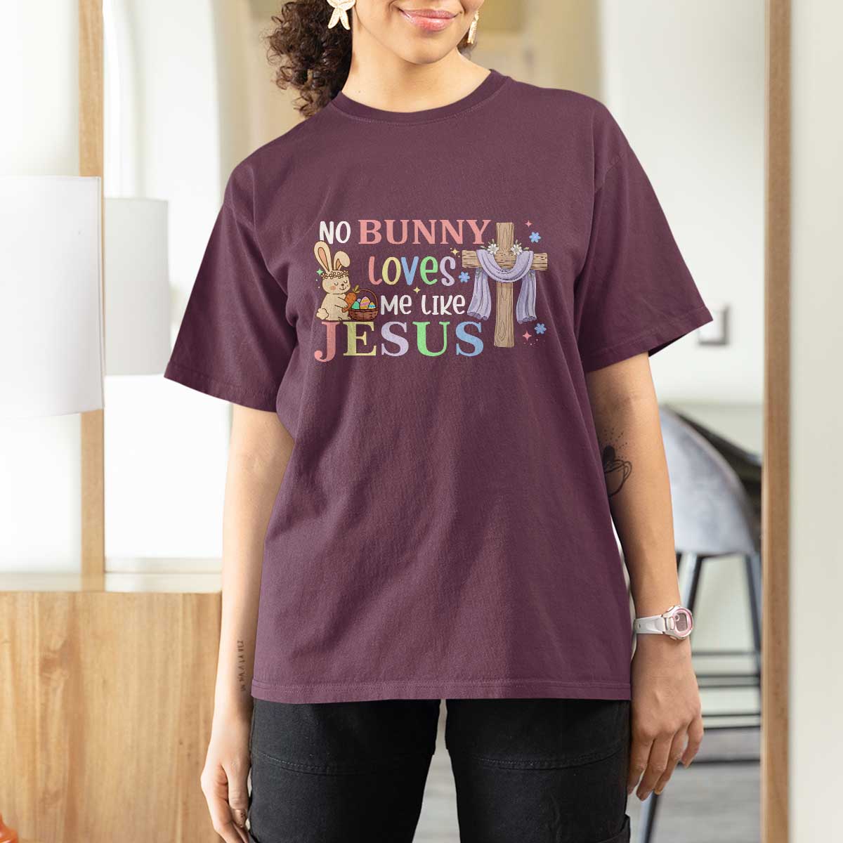 Funny Christian Easter T Shirt For Women No Bunny Loves Me Like Jesus - Wonder Print Shop