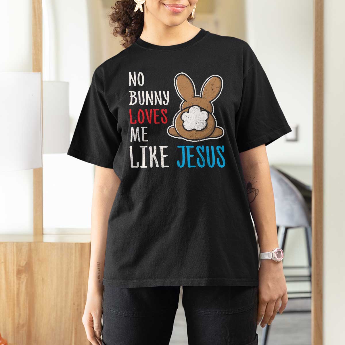 Christian Easter T Shirt For Women Easter No Bunny Loves Me Like Jesus
