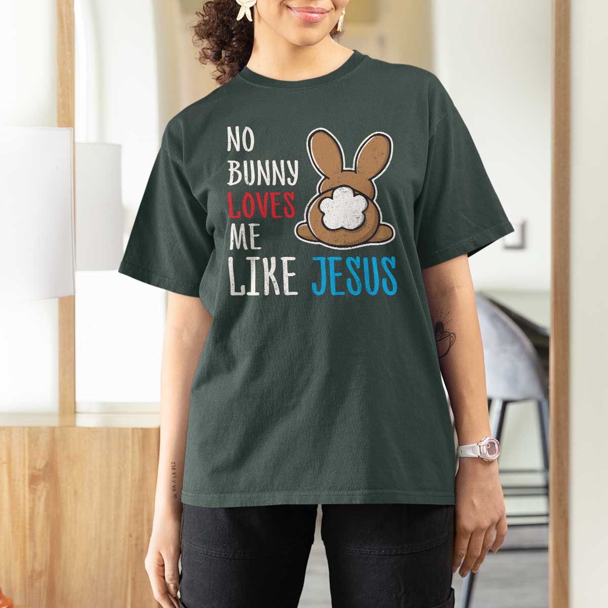 Christian Easter T Shirt For Women Easter No Bunny Loves Me Like Jesus