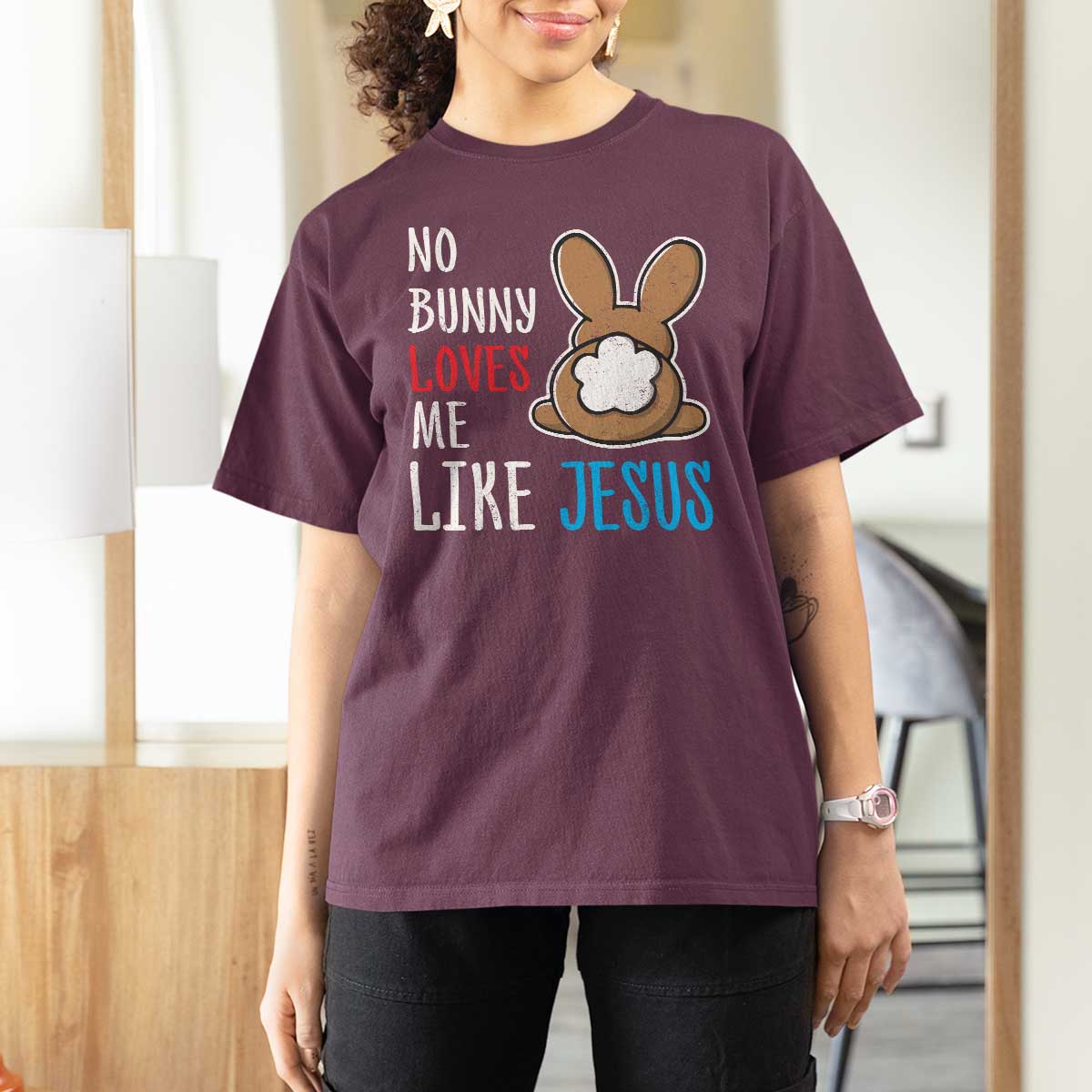 Christian Easter T Shirt For Women Easter No Bunny Loves Me Like Jesus