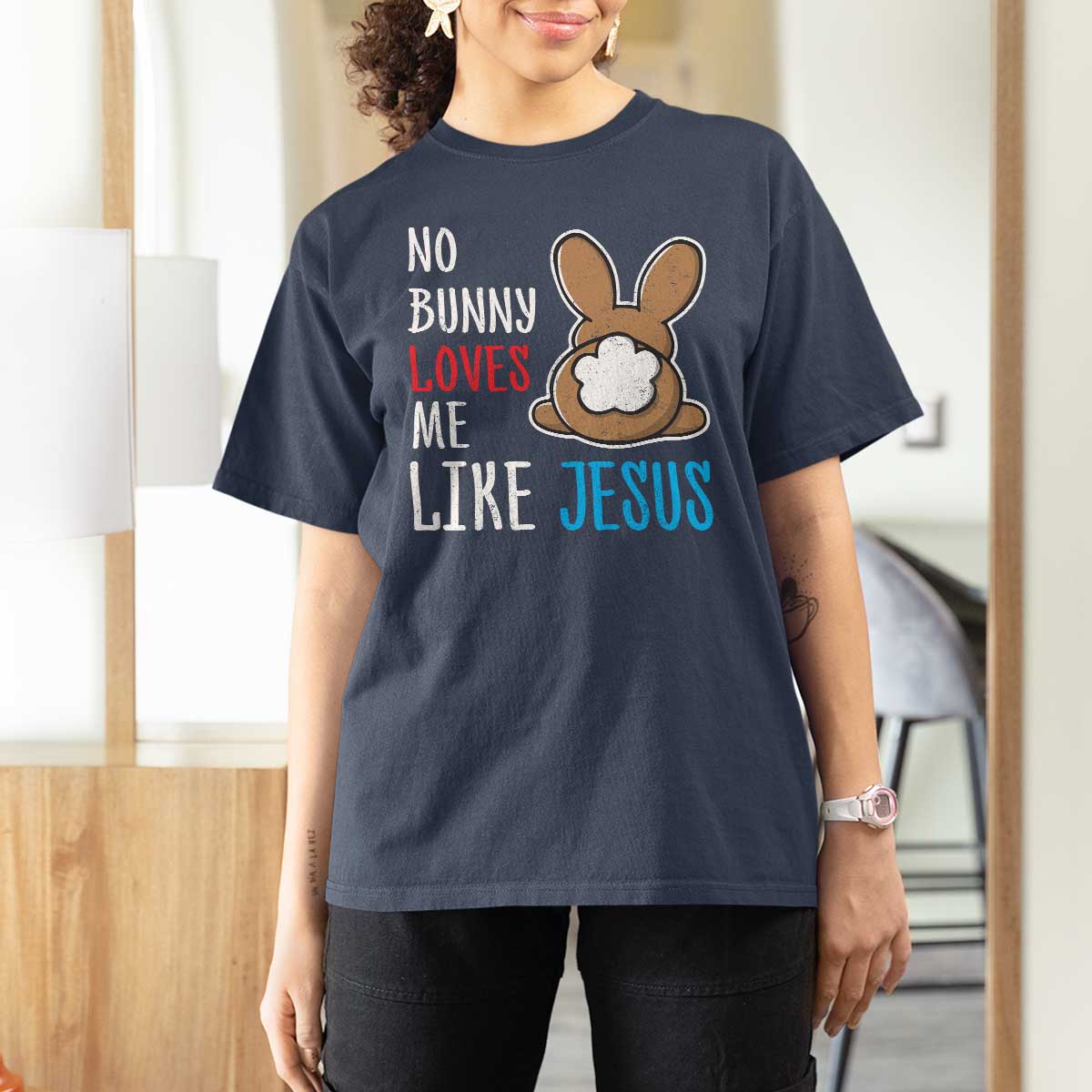 Christian Easter T Shirt For Women Easter No Bunny Loves Me Like Jesus