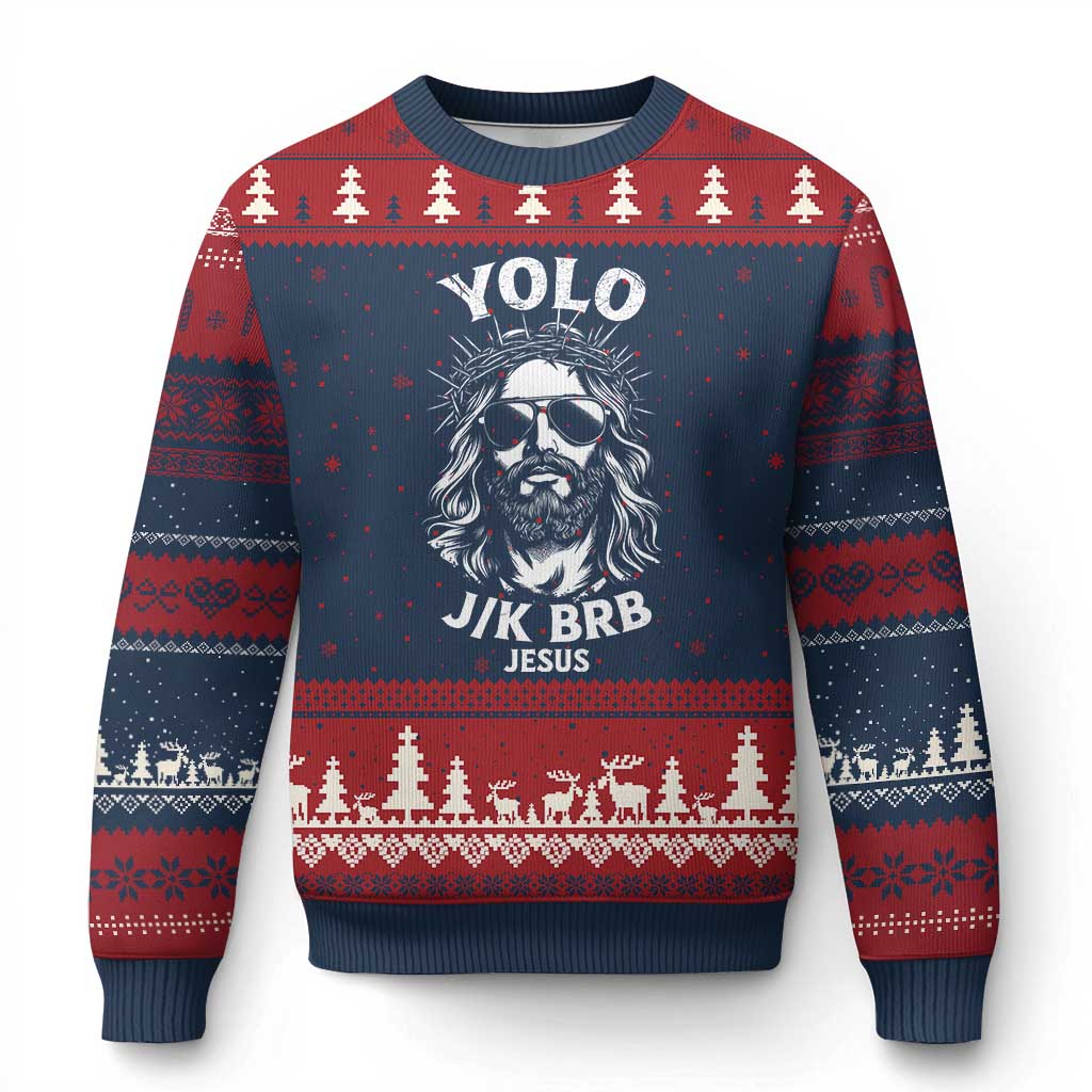 Yolo Jk BRB Jesus Ugly Christmas Sweater Funny Easter Ressurection Christians - Wonder Print Shop