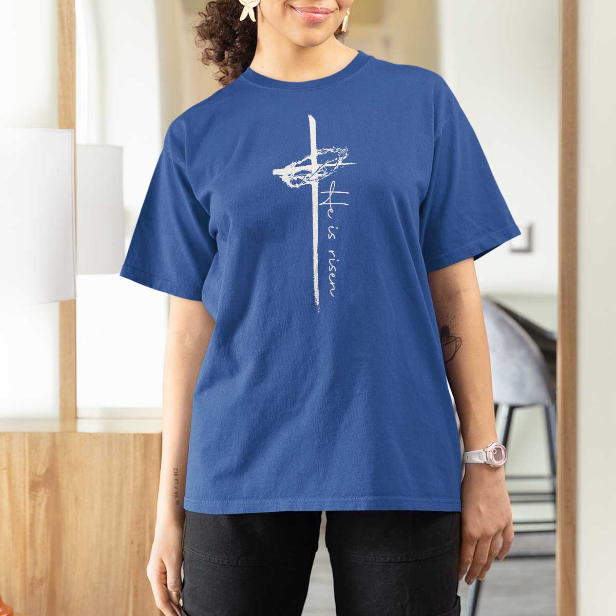Easter Cross He Is Risen Jesus Christian T Shirt For Women