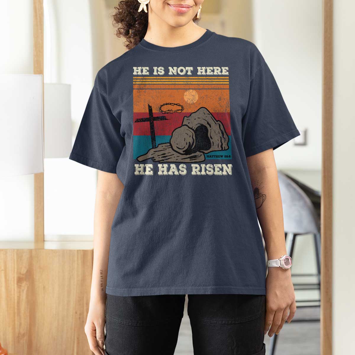Jesus He is Risen T Shirt For Women Matthew 28:6 Vintage Christian Easter