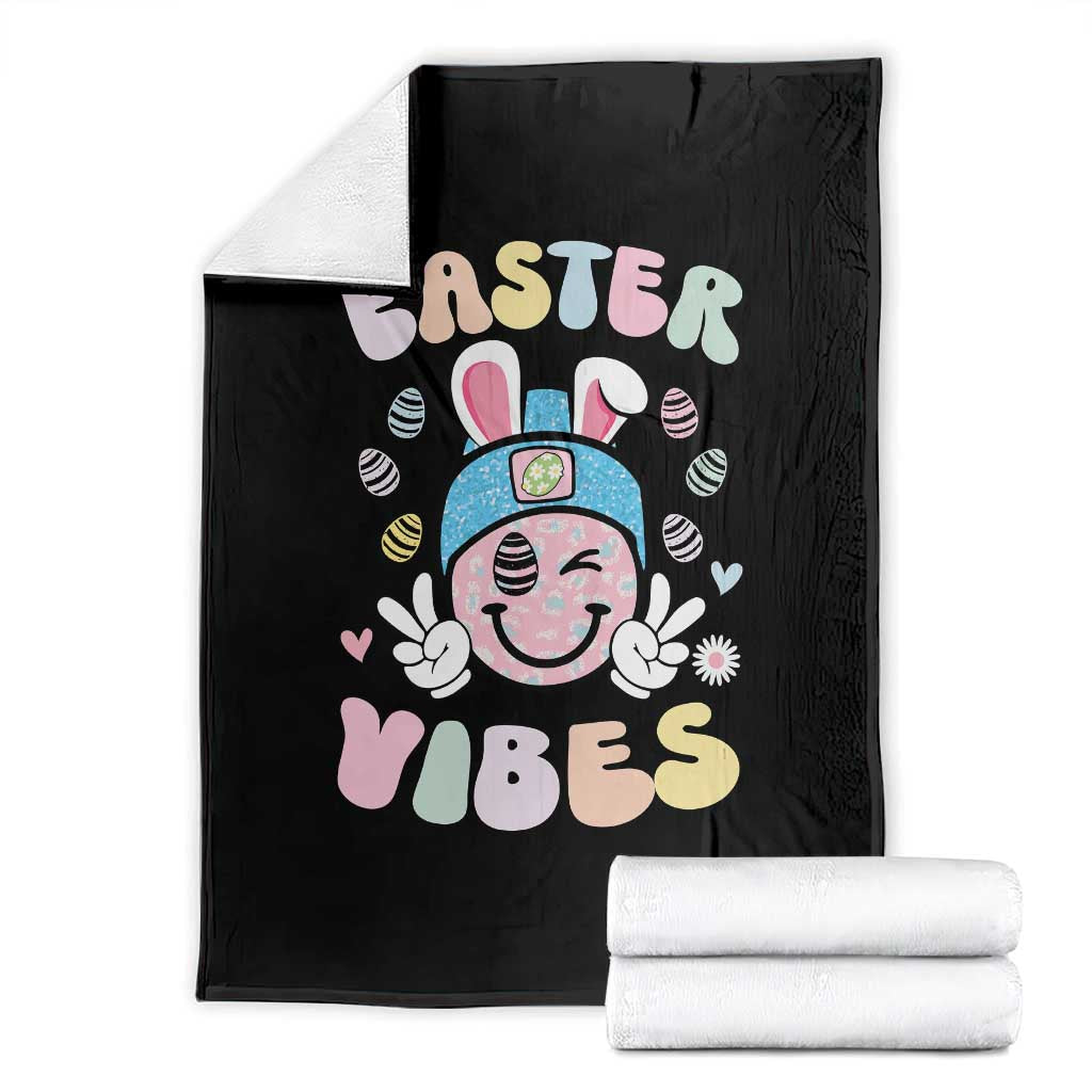 Groovy Easter Vibes Throw Blanket Retro Bunny Smile Eggs - Wonder Print Shop