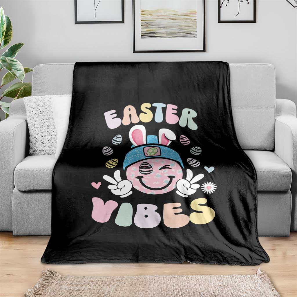 Groovy Easter Vibes Throw Blanket Retro Bunny Smile Eggs - Wonder Print Shop
