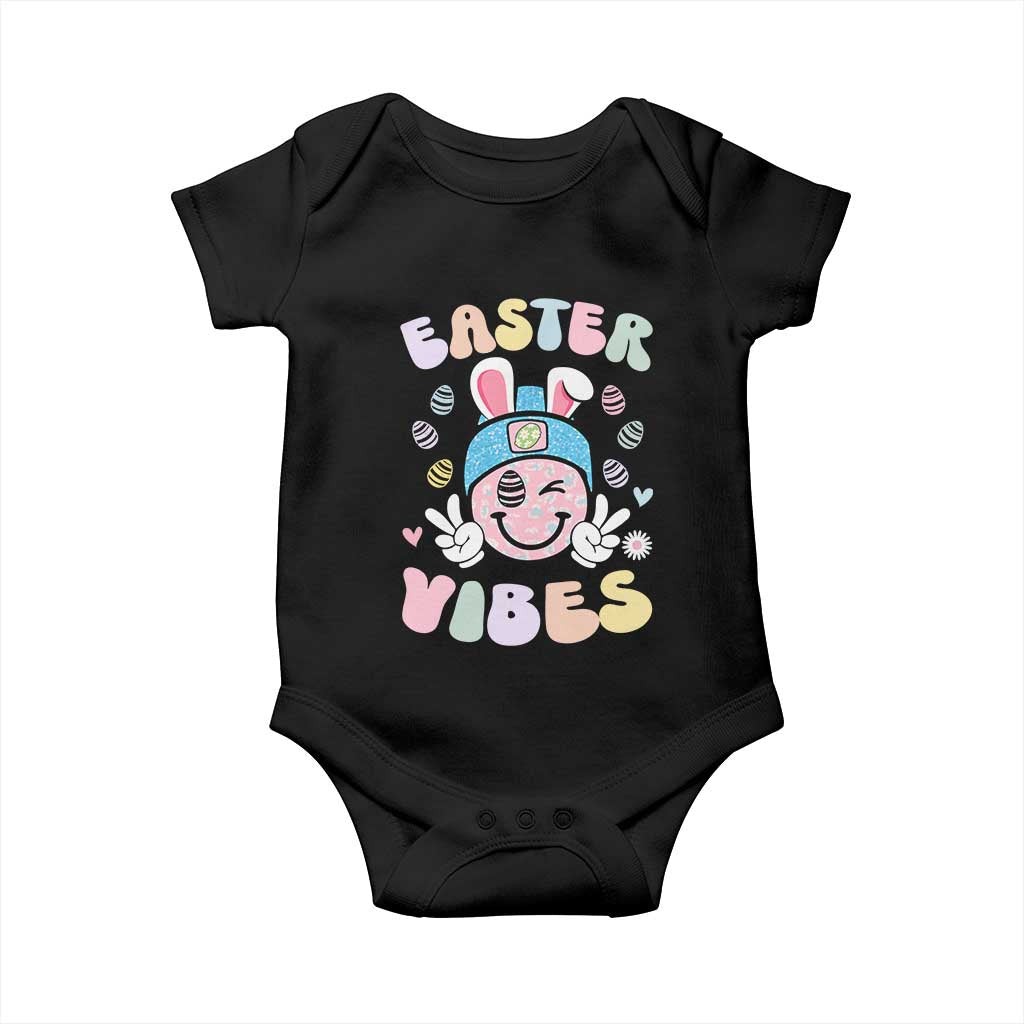 Groovy Easter Vibes Baby Onesie Retro Bunny Smile Eggs - Wonder Print Shop