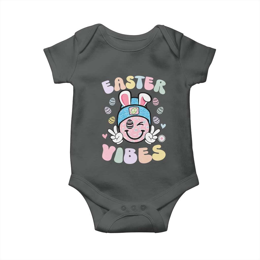 Groovy Easter Vibes Baby Onesie Retro Bunny Smile Eggs - Wonder Print Shop