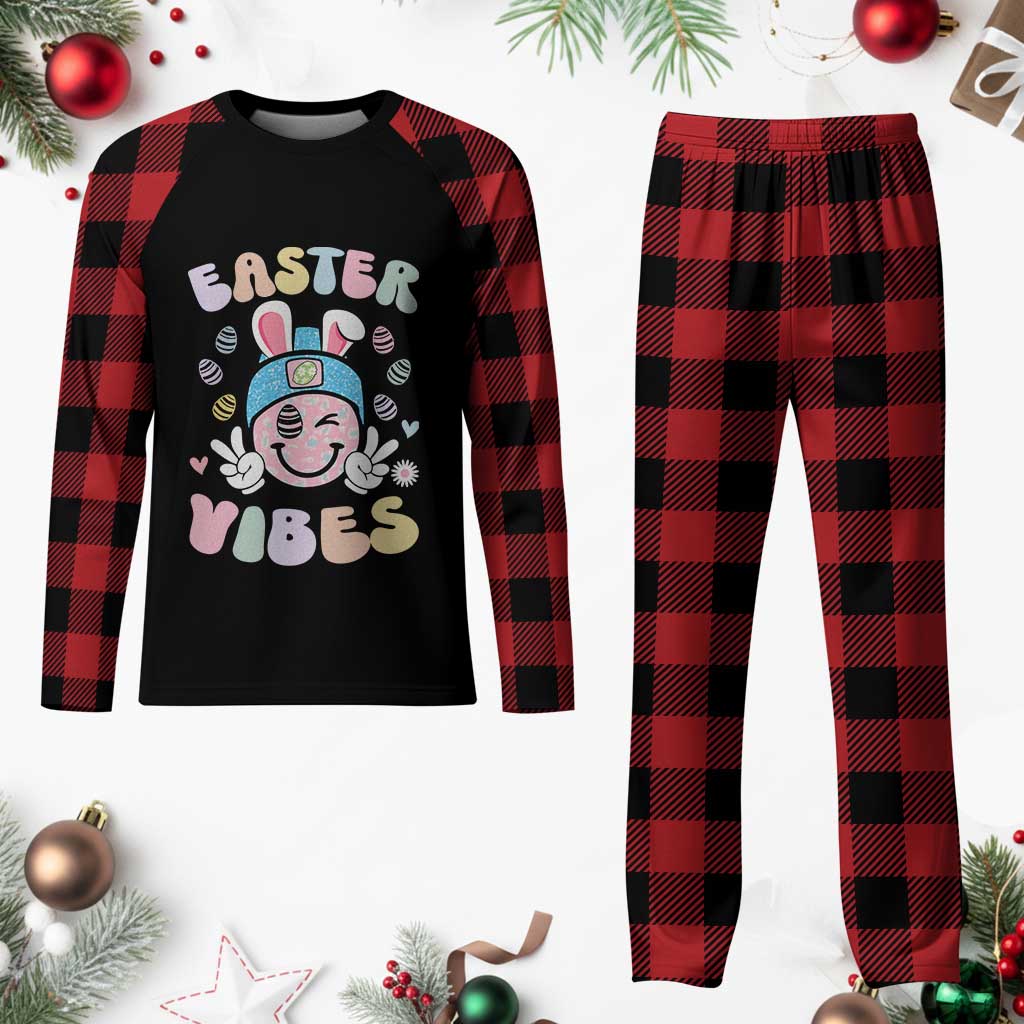 Groovy Easter Vibes Plaid Pajama Set Retro Bunny Smile Eggs - Wonder Print Shop