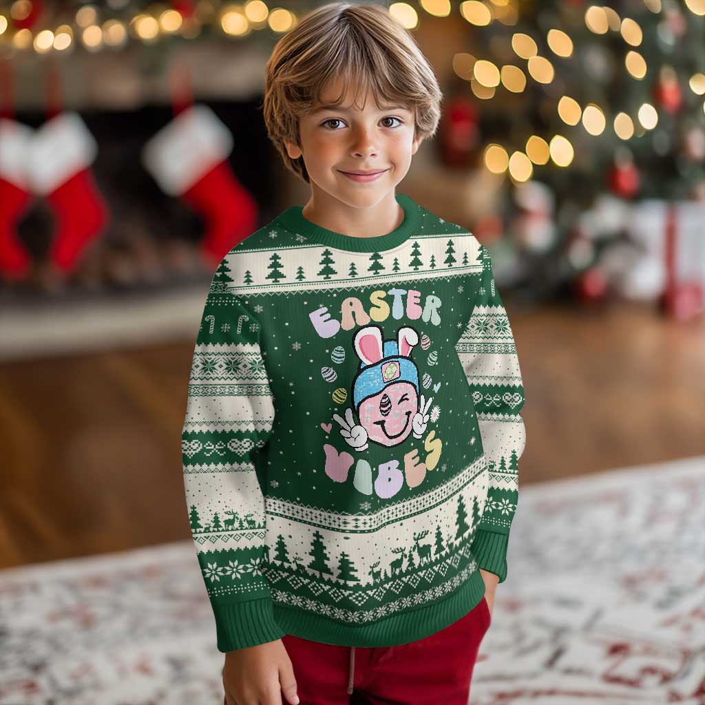 Groovy Easter Vibes Ugly Christmas Sweater Retro Bunny Smile Eggs - Wonder Print Shop