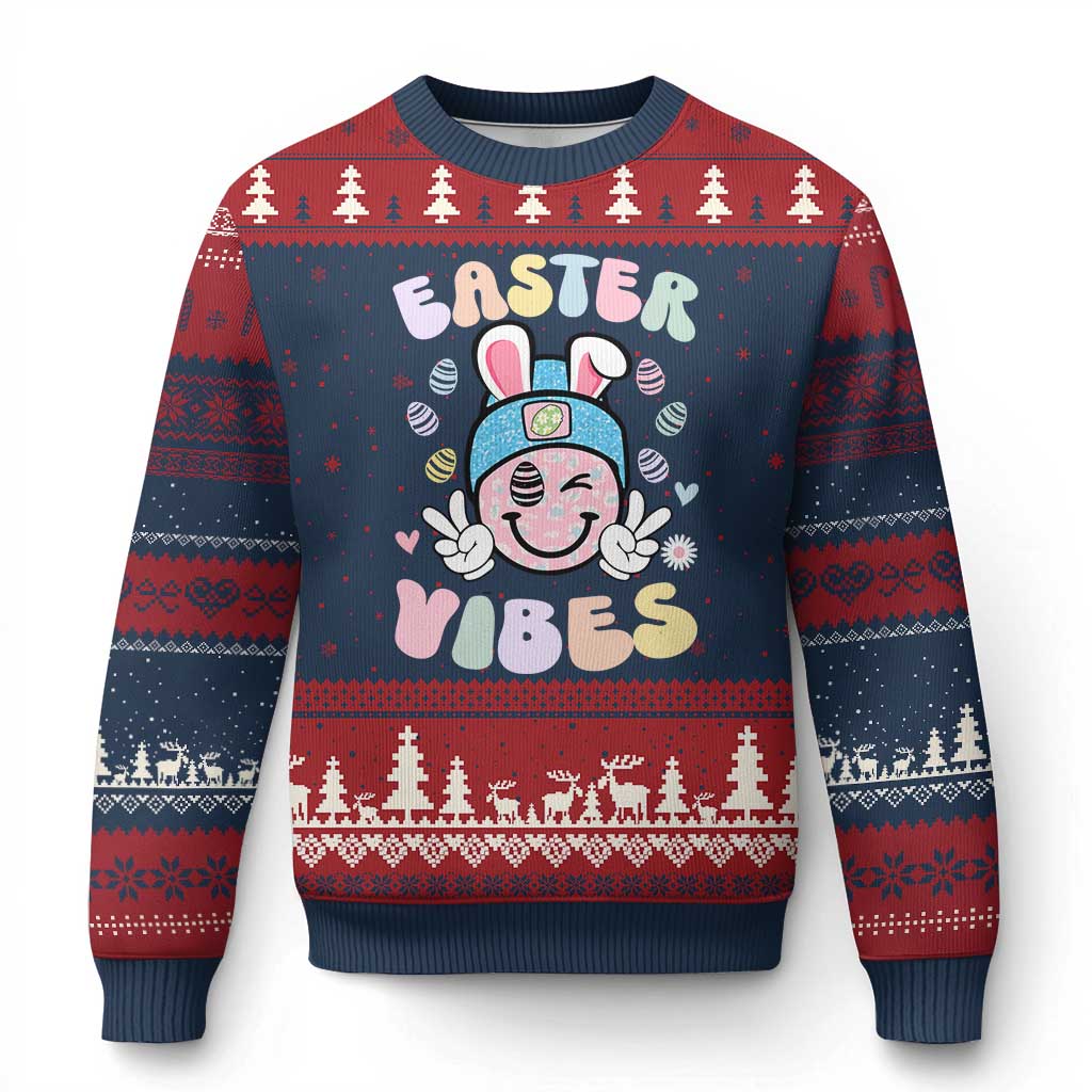 Groovy Easter Vibes Ugly Christmas Sweater Retro Bunny Smile Eggs - Wonder Print Shop