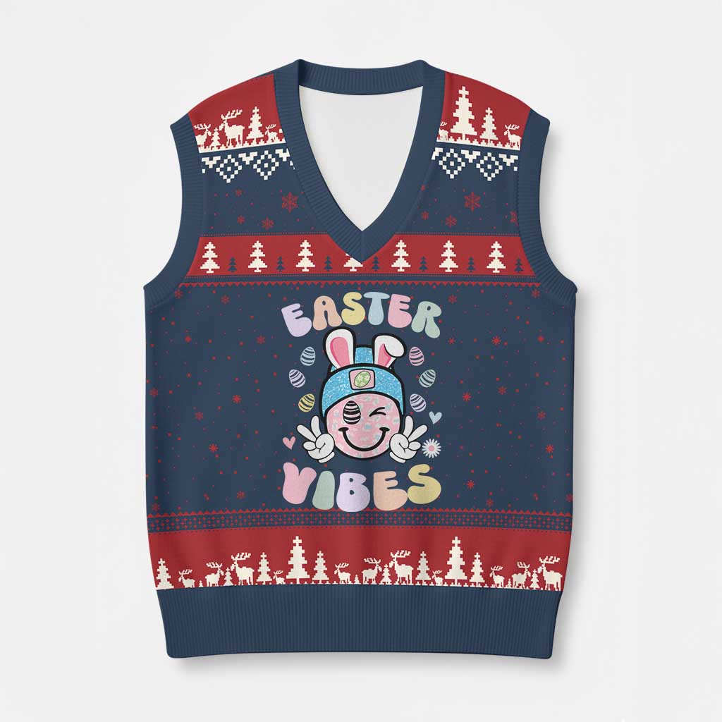 Groovy Easter Vibes V-Neck Knit Sweater Vest Retro Bunny Smile Eggs - Wonder Print Shop