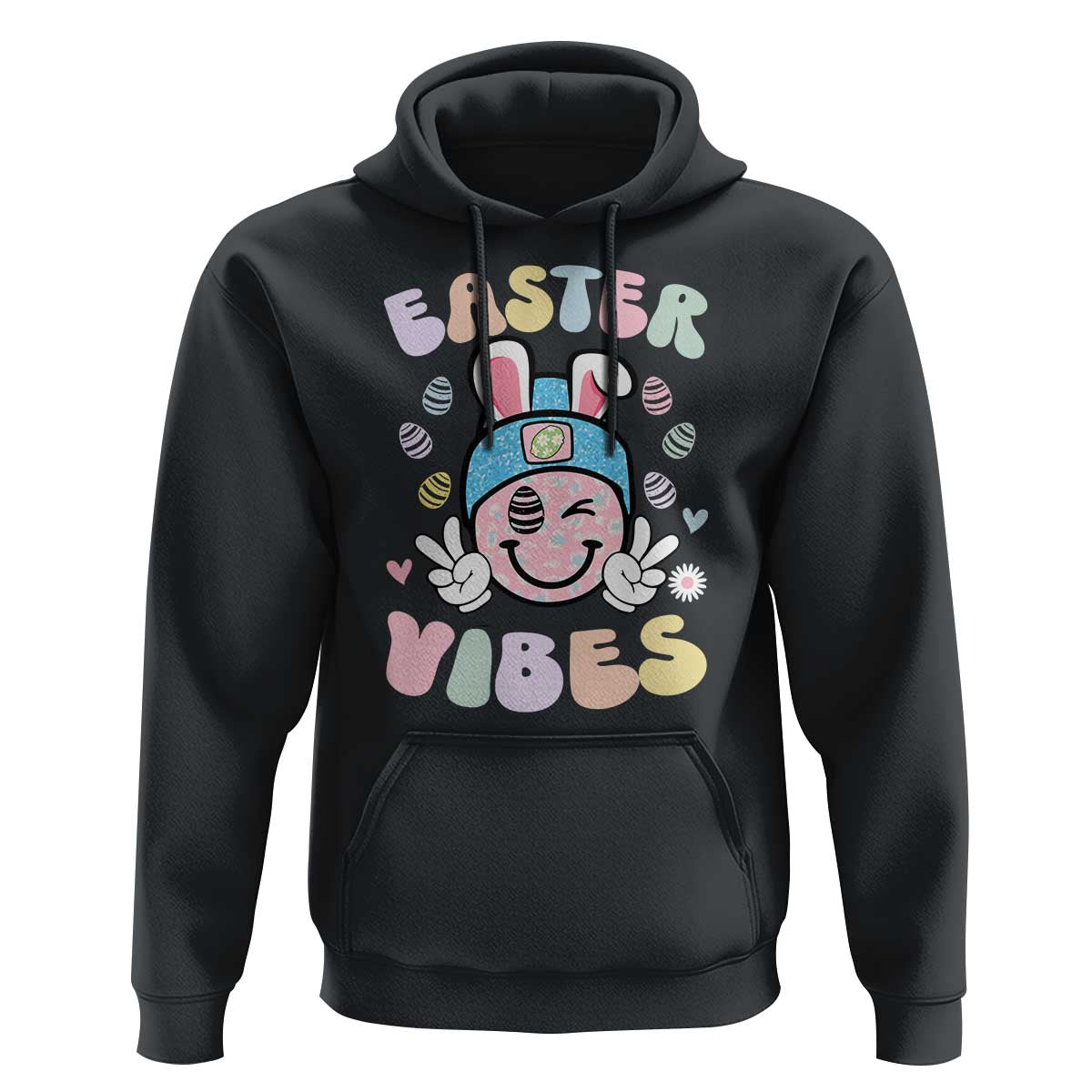 Groovy Easter Vibes Hoodie Retro Bunny Smile Eggs - Wonder Print Shop