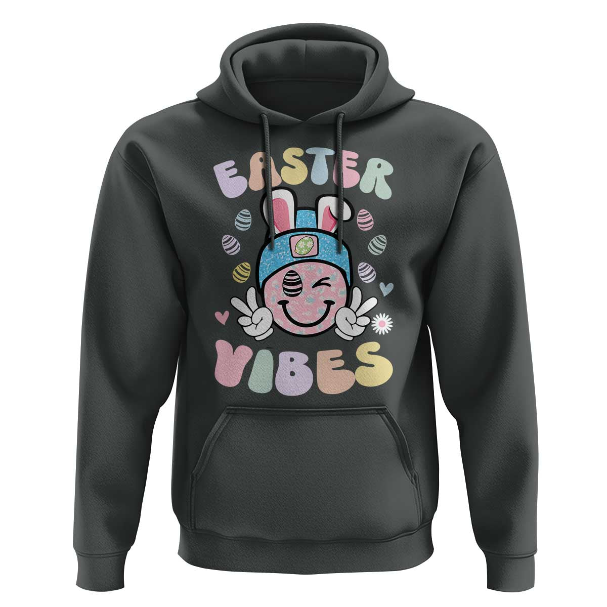 Groovy Easter Vibes Hoodie Retro Bunny Smile Eggs - Wonder Print Shop