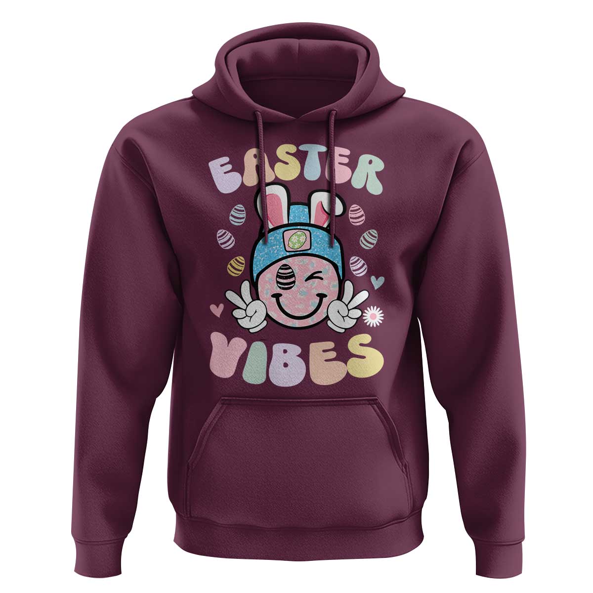 Groovy Easter Vibes Hoodie Retro Bunny Smile Eggs - Wonder Print Shop