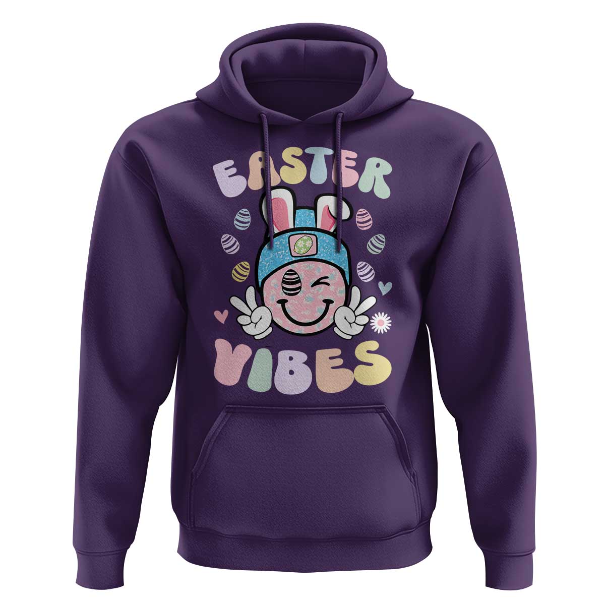 Groovy Easter Vibes Hoodie Retro Bunny Smile Eggs - Wonder Print Shop