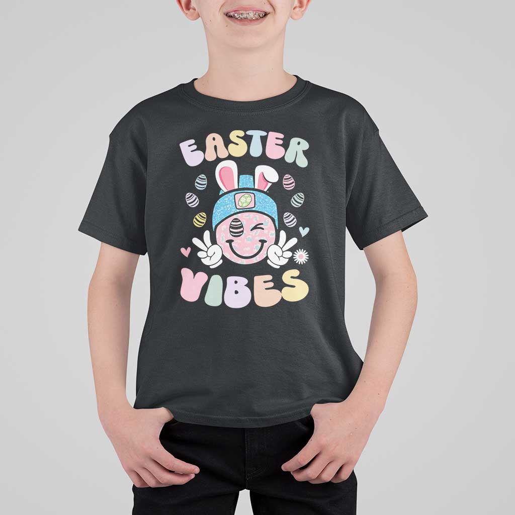 Groovy Easter Vibes T Shirt For Kid Retro Bunny Smile Eggs - Wonder Print Shop