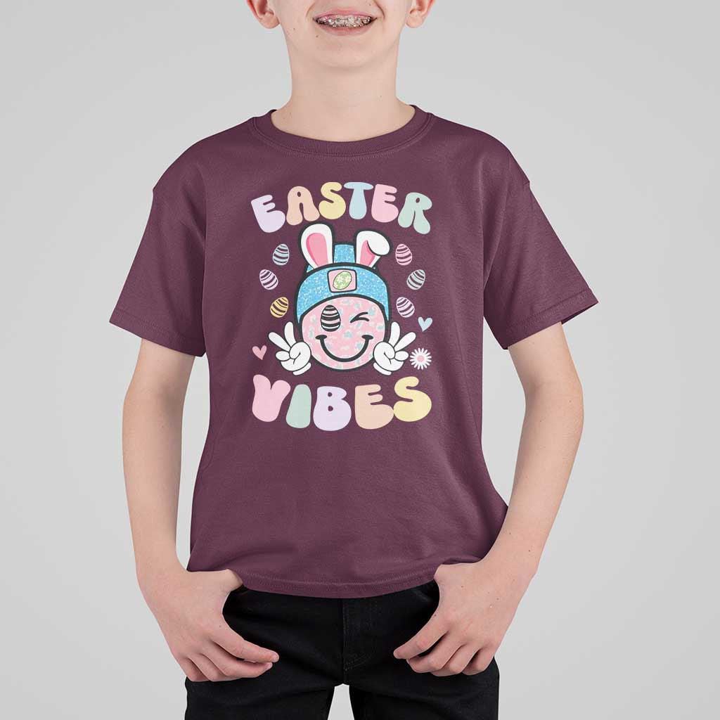 Groovy Easter Vibes T Shirt For Kid Retro Bunny Smile Eggs - Wonder Print Shop