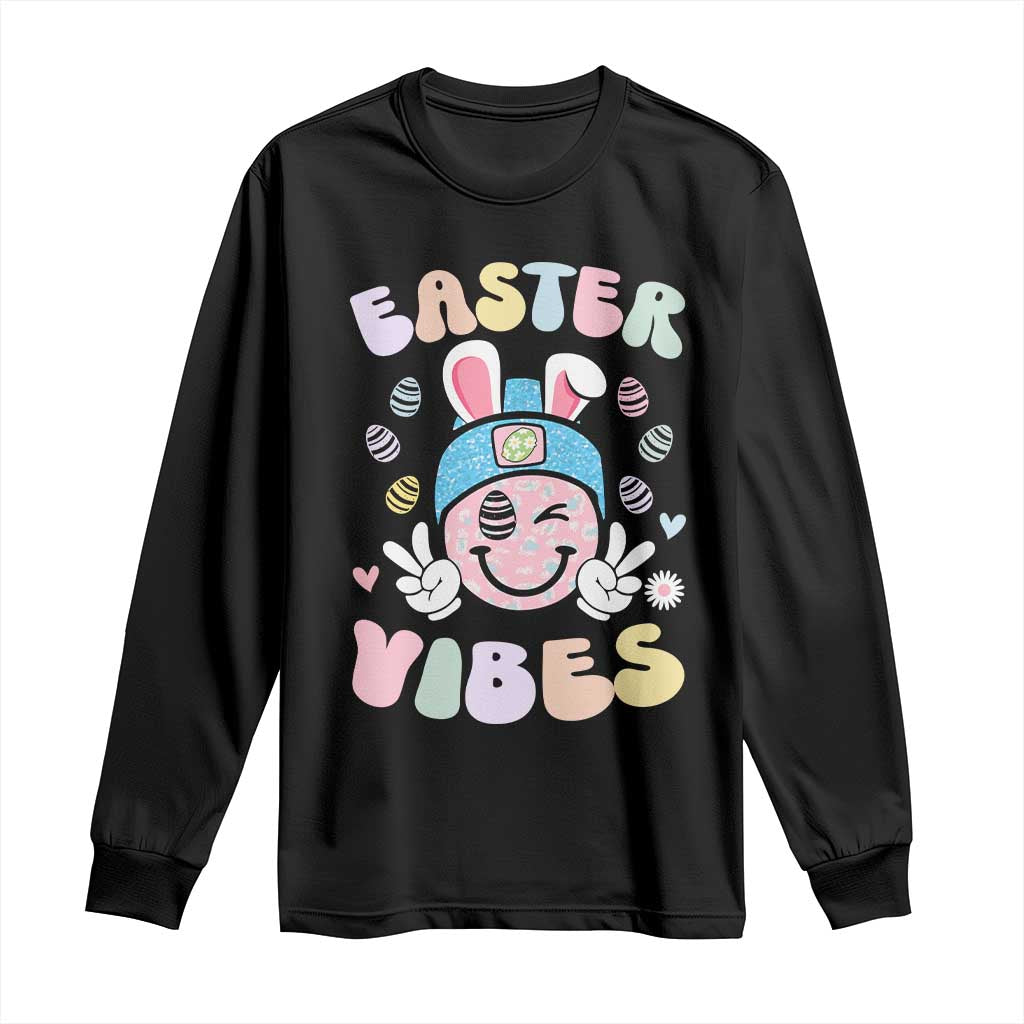 Groovy Easter Vibes Long Sleeve Shirt Retro Bunny Smile Eggs - Wonder Print Shop