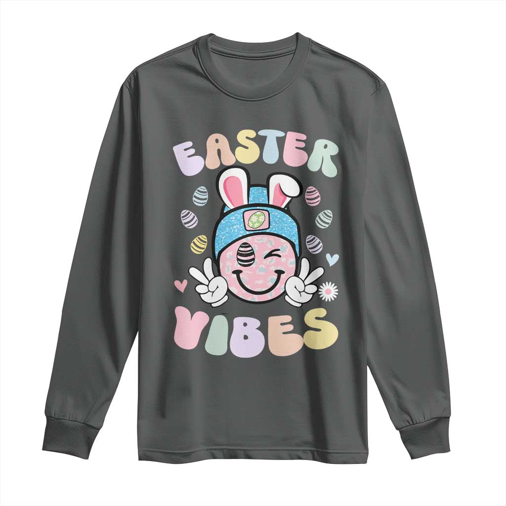 Groovy Easter Vibes Long Sleeve Shirt Retro Bunny Smile Eggs - Wonder Print Shop