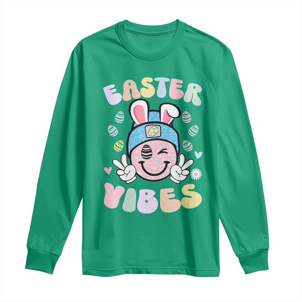 Groovy Easter Vibes Long Sleeve Shirt Retro Bunny Smile Eggs - Wonder Print Shop