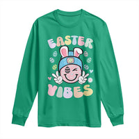 Groovy Easter Vibes Long Sleeve Shirt Retro Bunny Smile Eggs - Wonder Print Shop