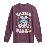 Groovy Easter Vibes Long Sleeve Shirt Retro Bunny Smile Eggs - Wonder Print Shop