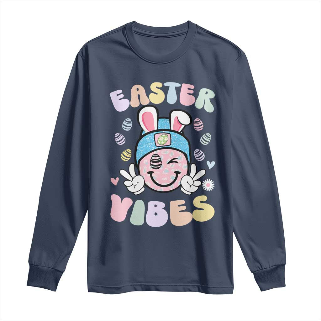 Groovy Easter Vibes Long Sleeve Shirt Retro Bunny Smile Eggs - Wonder Print Shop
