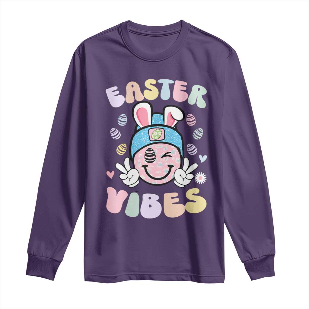 Groovy Easter Vibes Long Sleeve Shirt Retro Bunny Smile Eggs - Wonder Print Shop