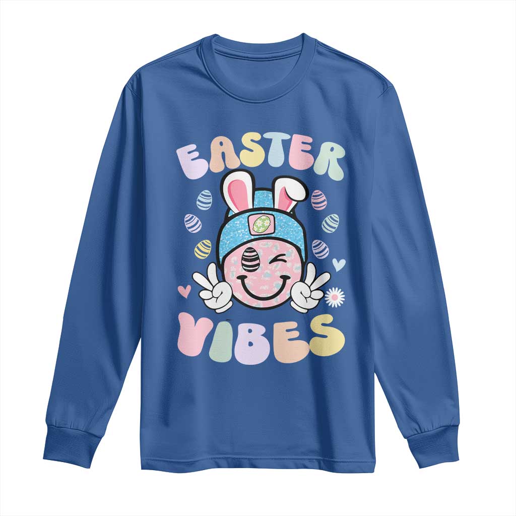 Groovy Easter Vibes Long Sleeve Shirt Retro Bunny Smile Eggs - Wonder Print Shop