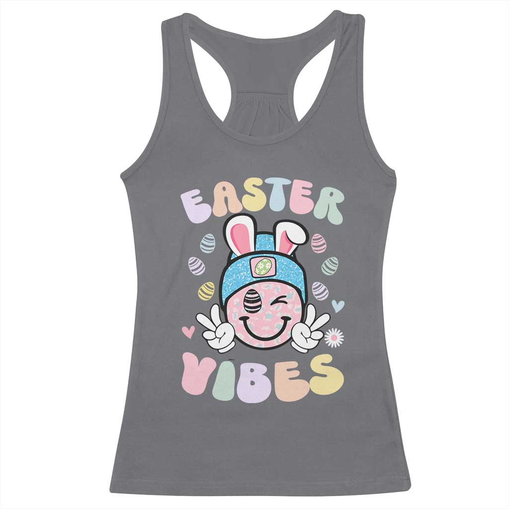 Groovy Easter Vibes Racerback Tank Top Retro Bunny Smile Eggs - Wonder Print Shop