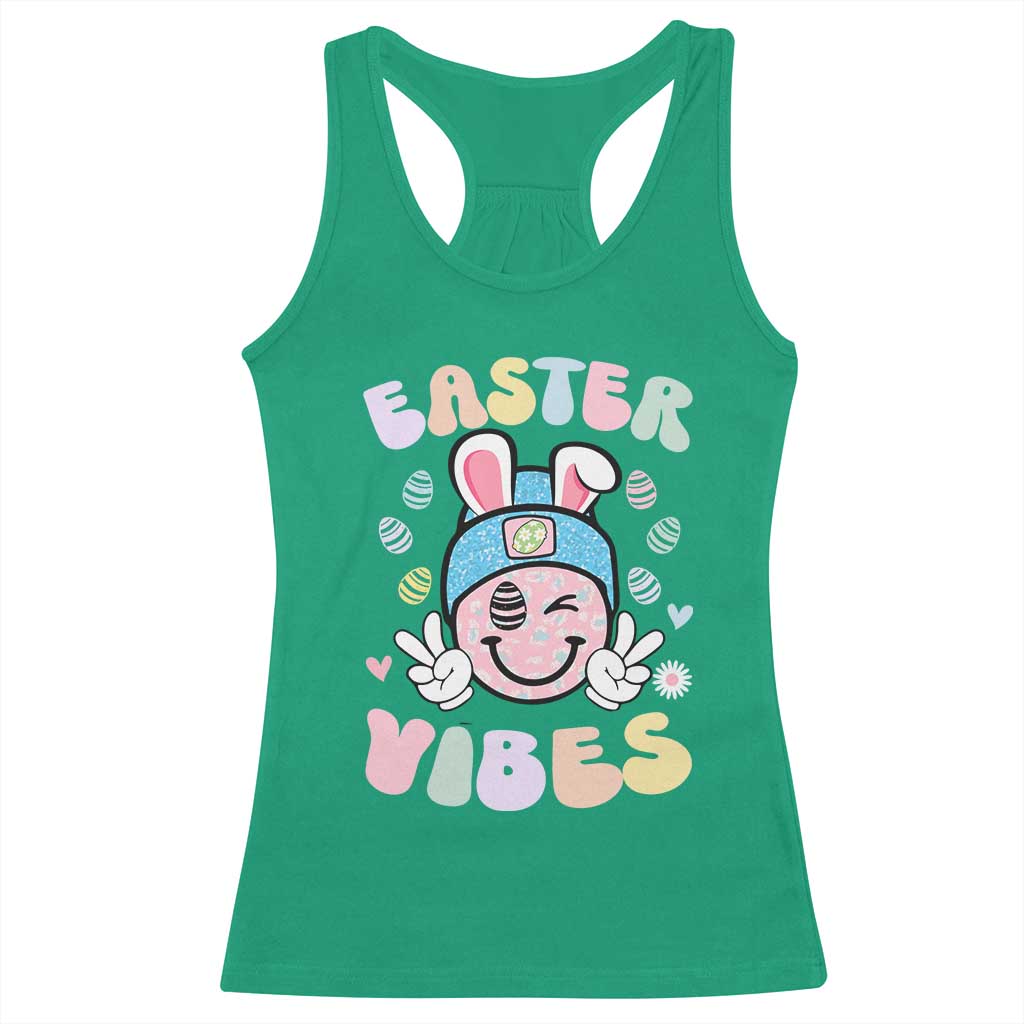 Groovy Easter Vibes Racerback Tank Top Retro Bunny Smile Eggs - Wonder Print Shop