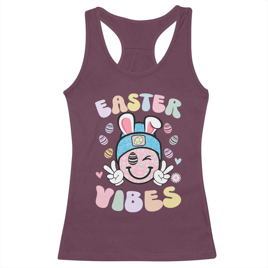 Groovy Easter Vibes Racerback Tank Top Retro Bunny Smile Eggs - Wonder Print Shop