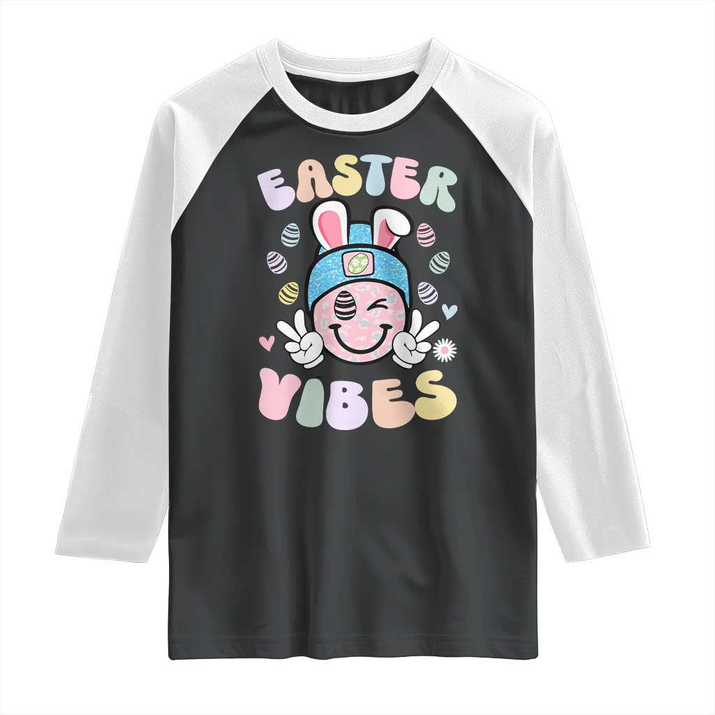 Groovy Easter Vibes Raglan Shirt Retro Bunny Smile Eggs - Wonder Print Shop