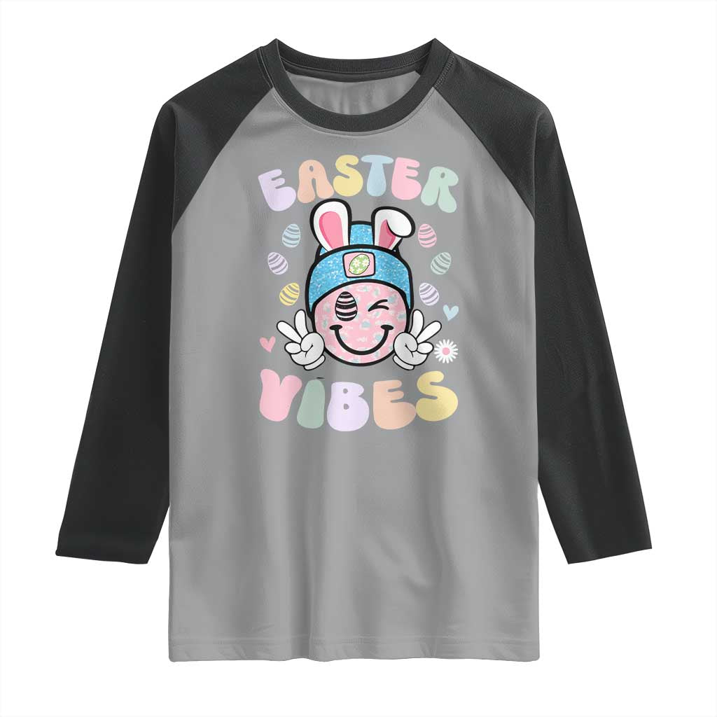 Groovy Easter Vibes Raglan Shirt Retro Bunny Smile Eggs - Wonder Print Shop