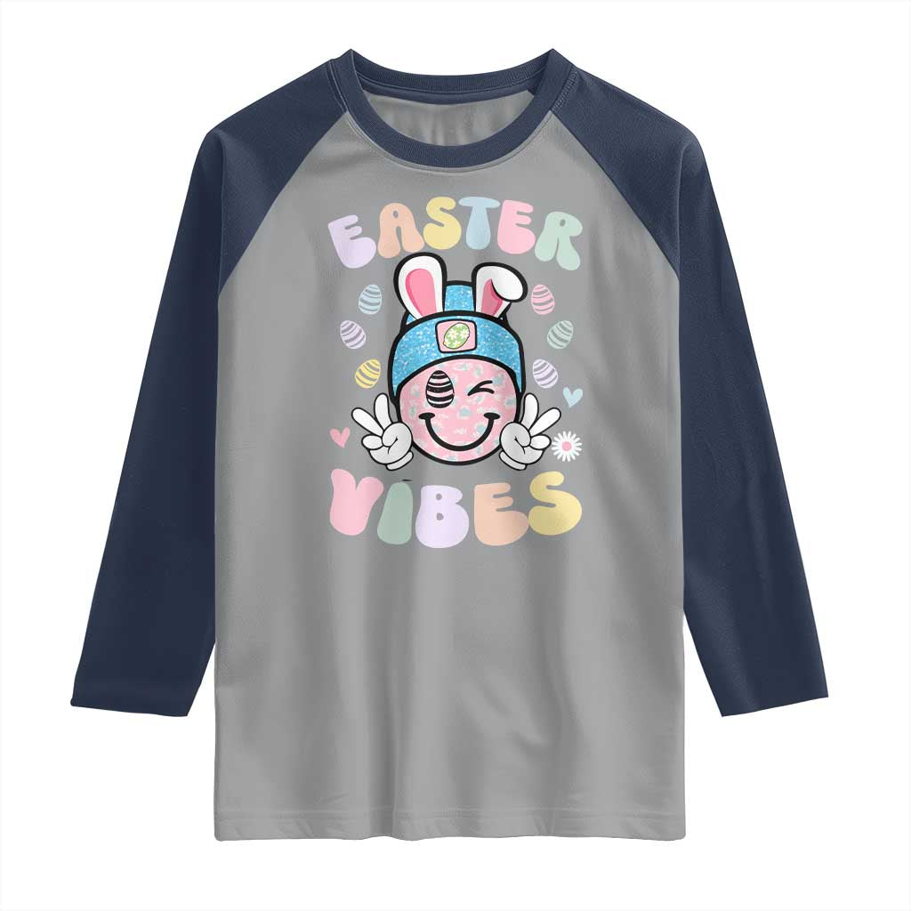 Groovy Easter Vibes Raglan Shirt Retro Bunny Smile Eggs - Wonder Print Shop