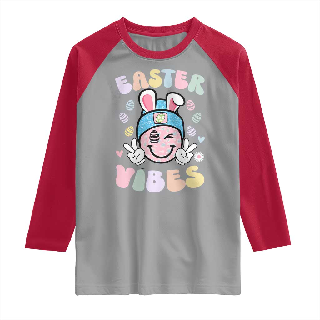 Groovy Easter Vibes Raglan Shirt Retro Bunny Smile Eggs - Wonder Print Shop