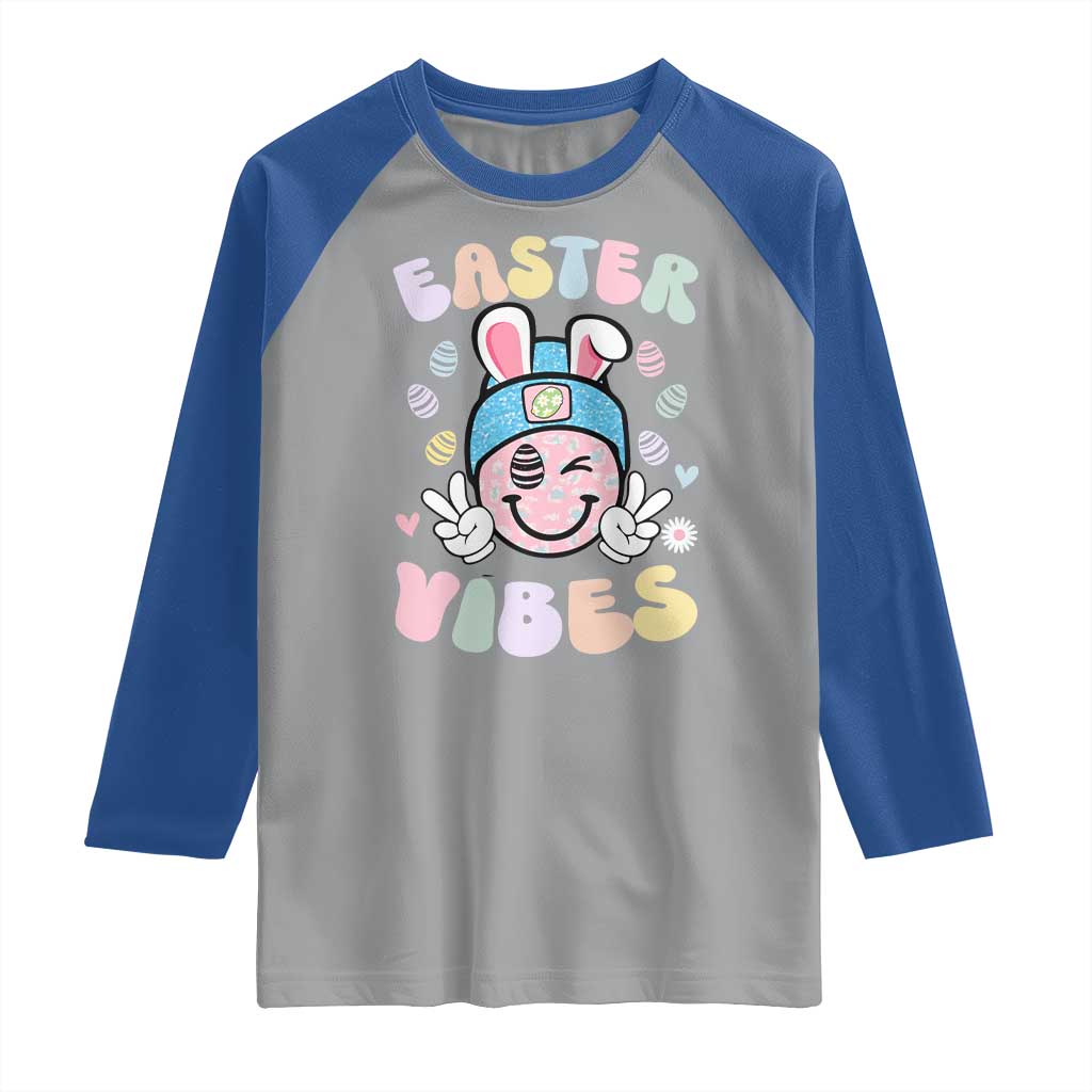 Groovy Easter Vibes Raglan Shirt Retro Bunny Smile Eggs - Wonder Print Shop