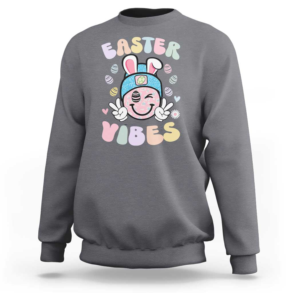 Groovy Easter Vibes Sweatshirt Retro Bunny Smile Eggs - Wonder Print Shop