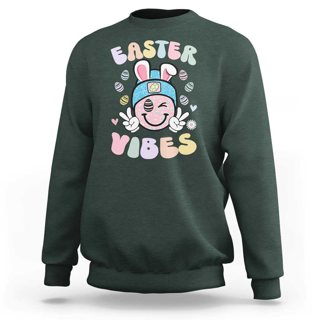 Groovy Easter Vibes Sweatshirt Retro Bunny Smile Eggs - Wonder Print Shop