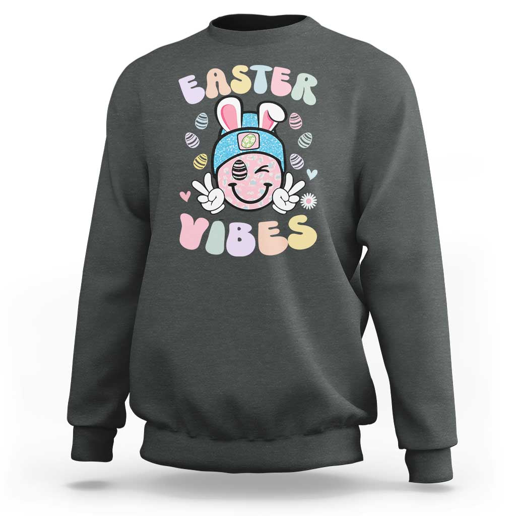Groovy Easter Vibes Sweatshirt Retro Bunny Smile Eggs - Wonder Print Shop