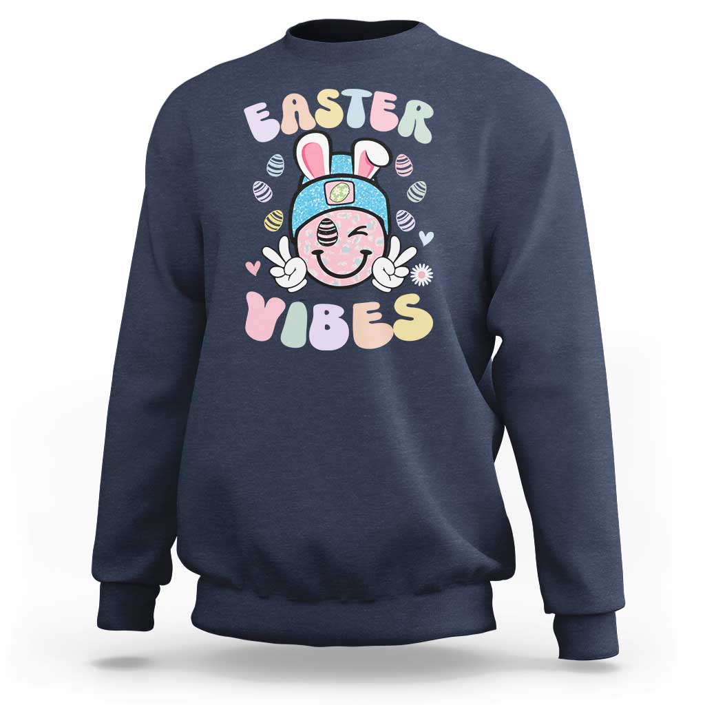 Groovy Easter Vibes Sweatshirt Retro Bunny Smile Eggs - Wonder Print Shop